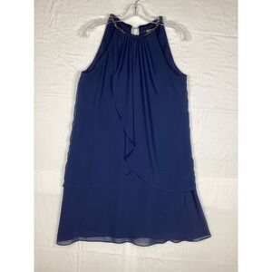 SLNY Chiffon Cocktail Dress Women's Size 10 Navy Blue Beaded Collar